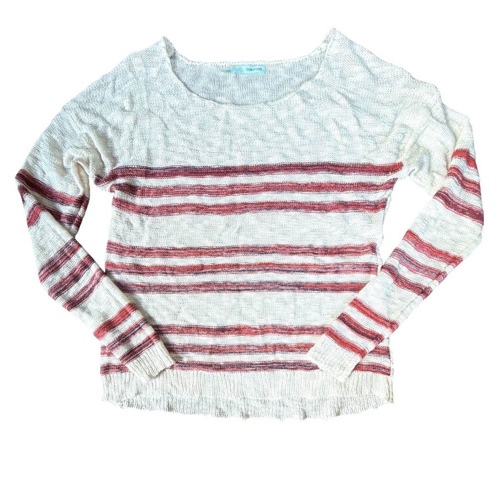 Maurices Women's L‎ Cream Red Striped Lightweight Knit Sweater Open Side Detail